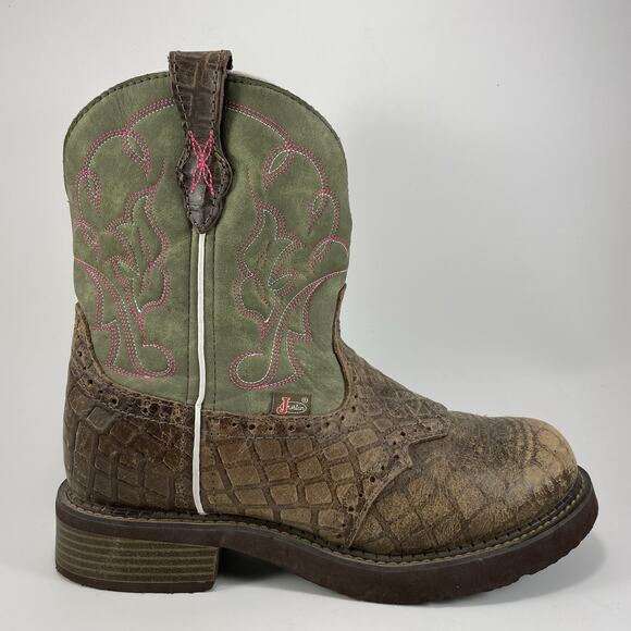Justin Gypsy L2929 Womens 9 B Gemma Moss Croc Round Toe Cowgirl Boots Leather - Picture 1 of 11